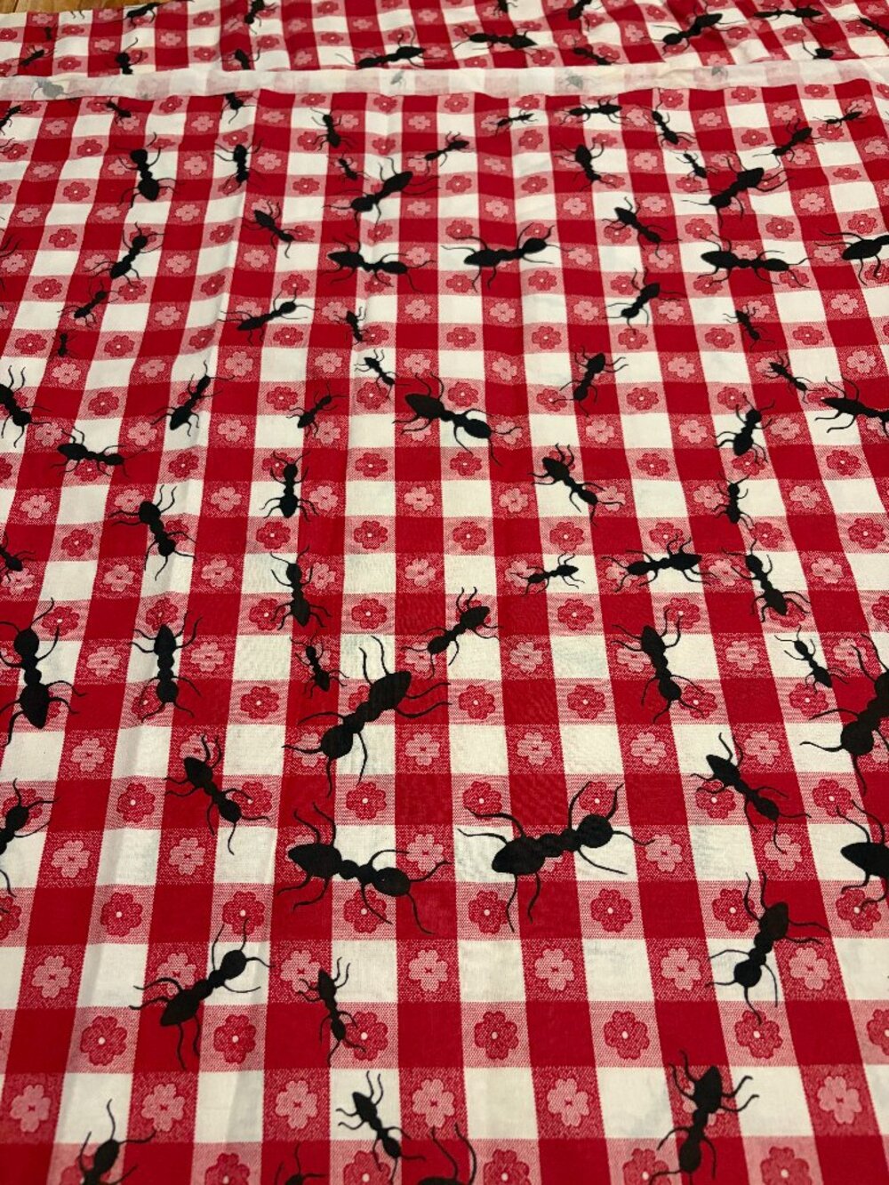 Ant's Picnic 100% Cotton Fabric Remnant. Red/White/Black
